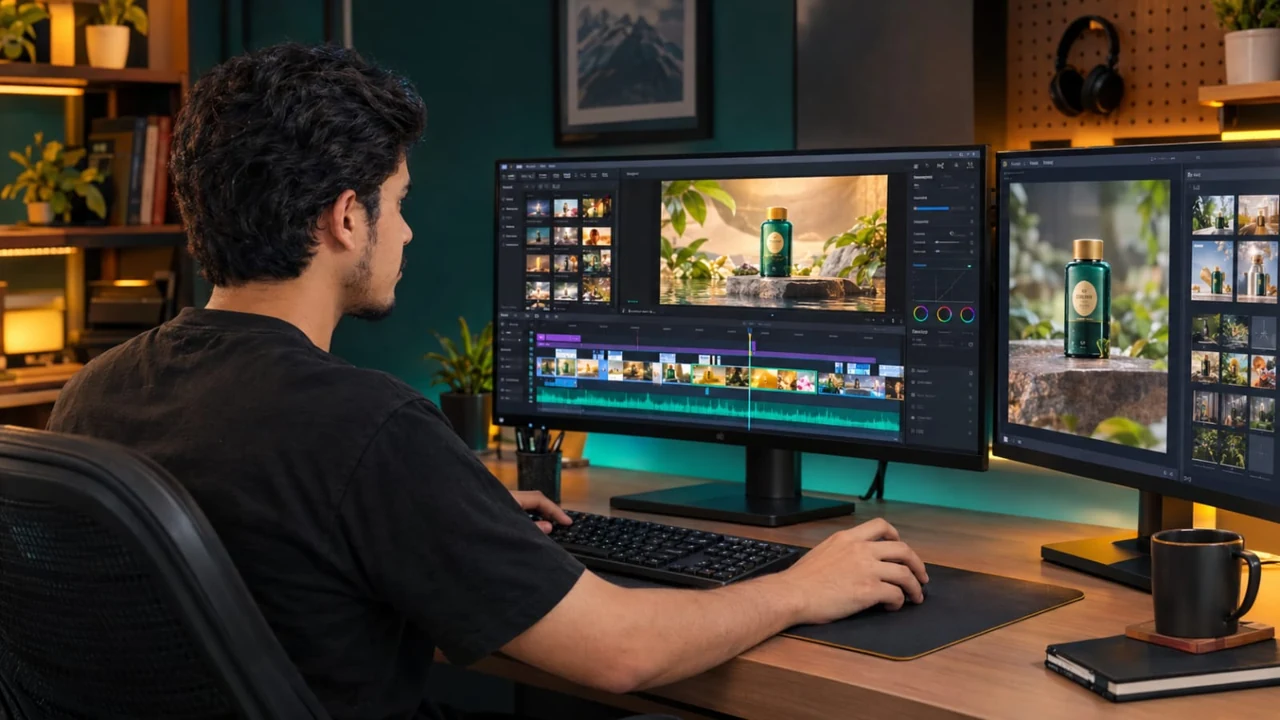 Muhammad Abdullah creating product visuals on an editing timeline