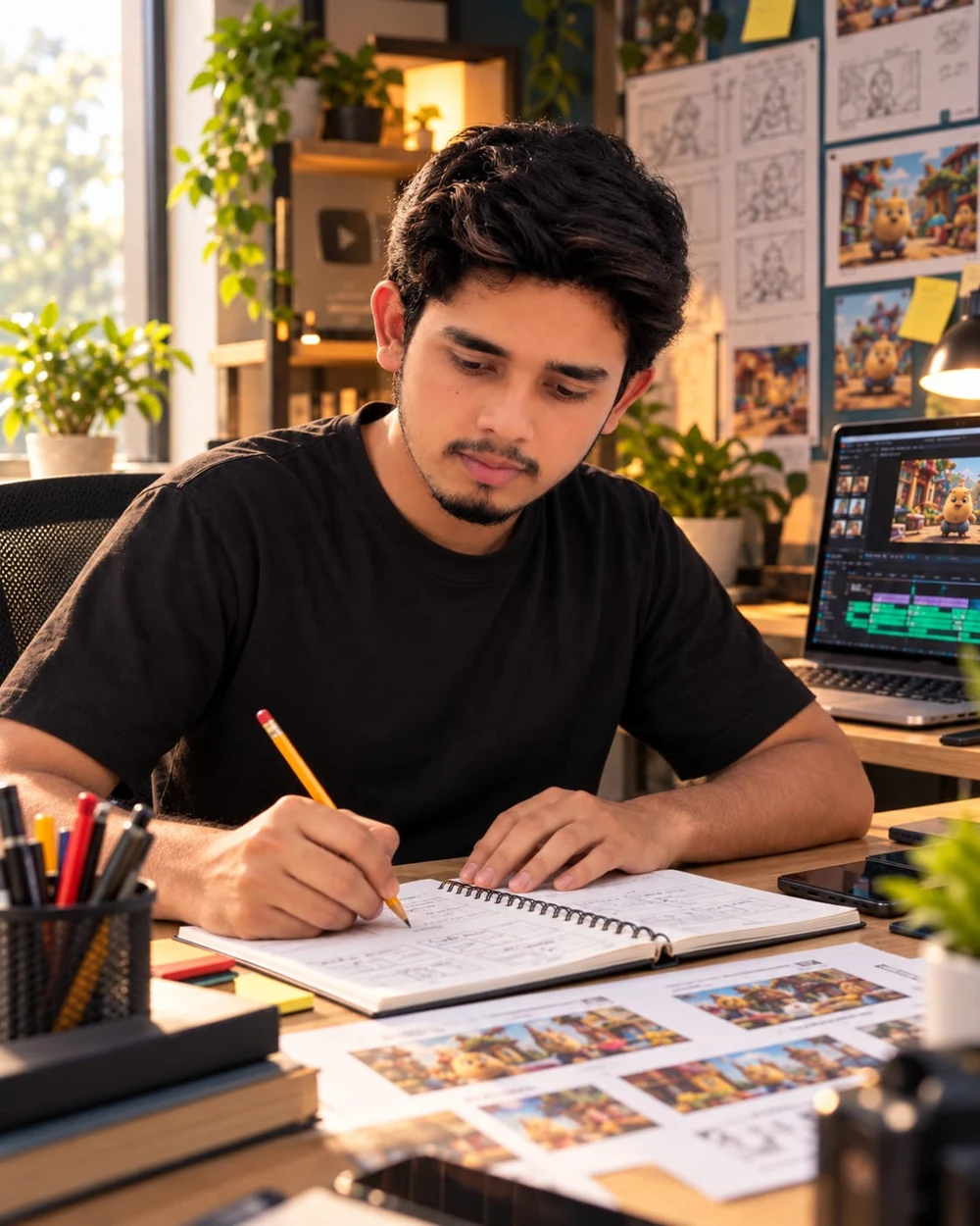 Muhammad Abdullah writing a script and storyboard in a notebook