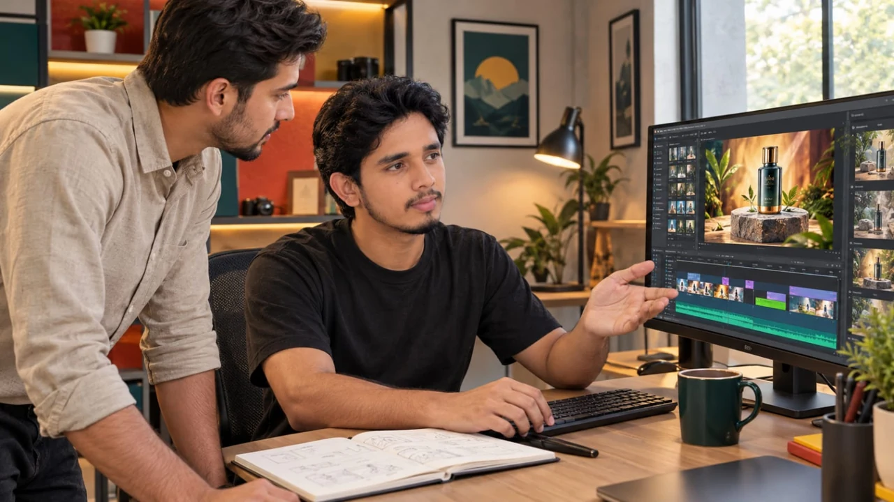 Muhammad Abdullah discussing a product video at his workstation
